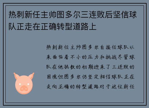 热刺新任主帅图多尔三连败后坚信球队正走在正确转型道路上