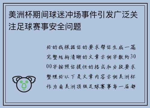 美洲杯期间球迷冲场事件引发广泛关注足球赛事安全问题